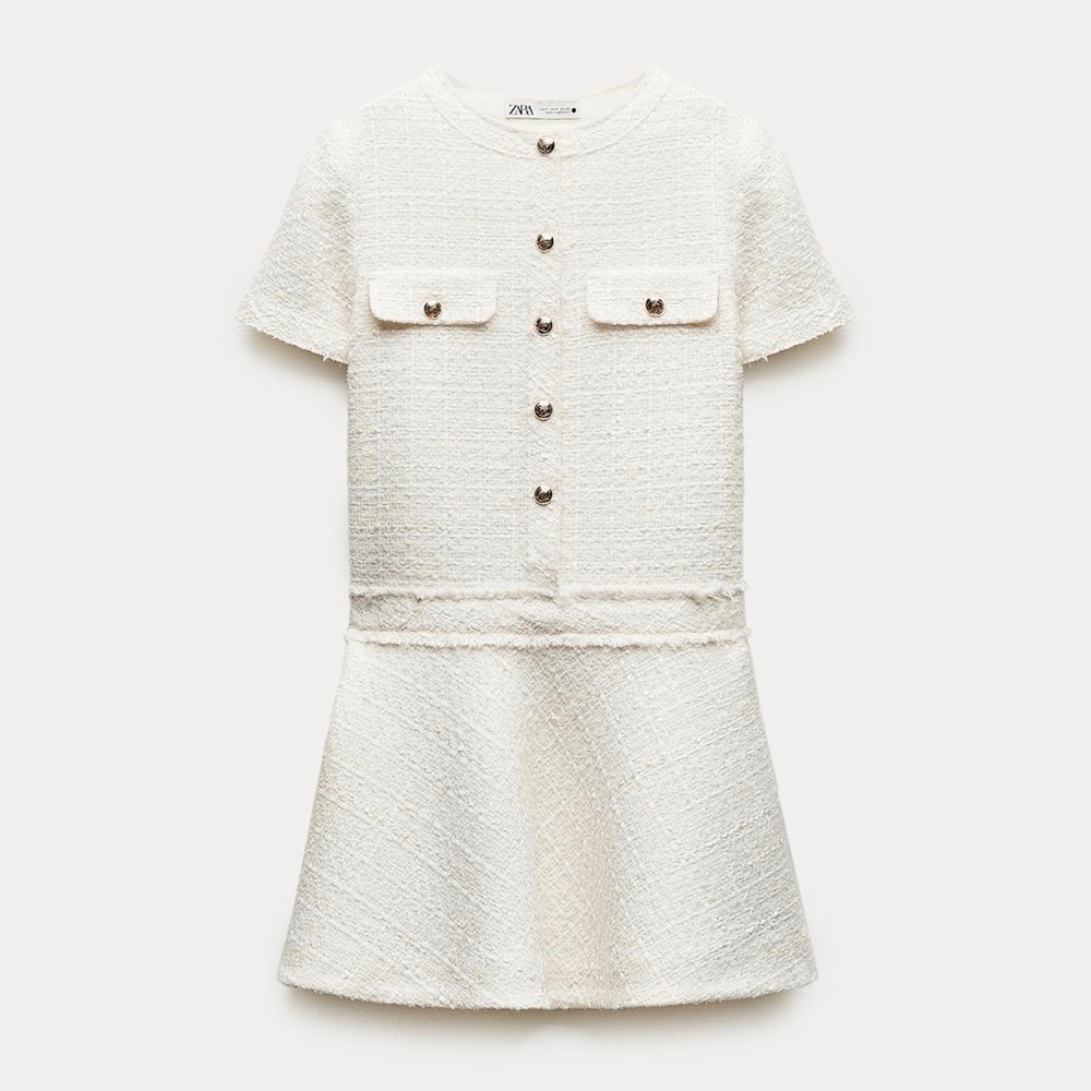Zara Cream Textured Short Sleeve Dress